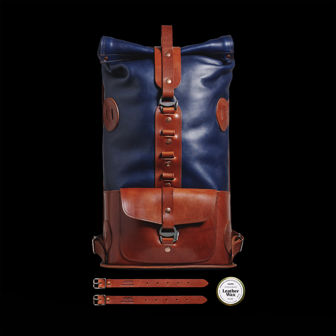 Pre-order – S.05 Fold Top – Navy & Brown Leather Backpack
