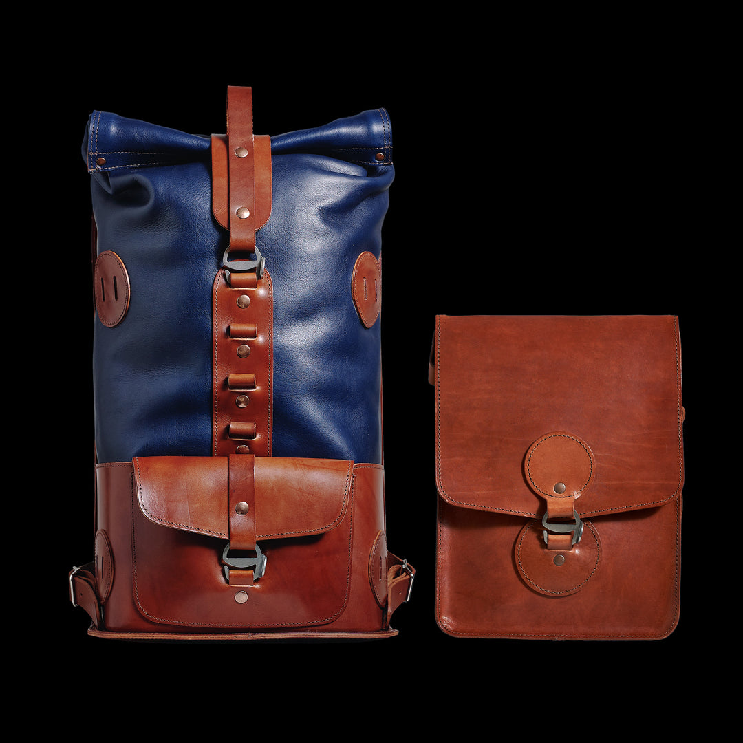 Pre-order – S.05 Fold Top – Navy & Brown Leather Backpack