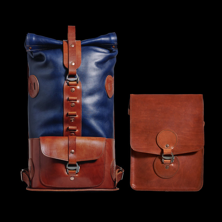 Pre-order – S.05 Fold Top – Navy & Brown Leather Backpack