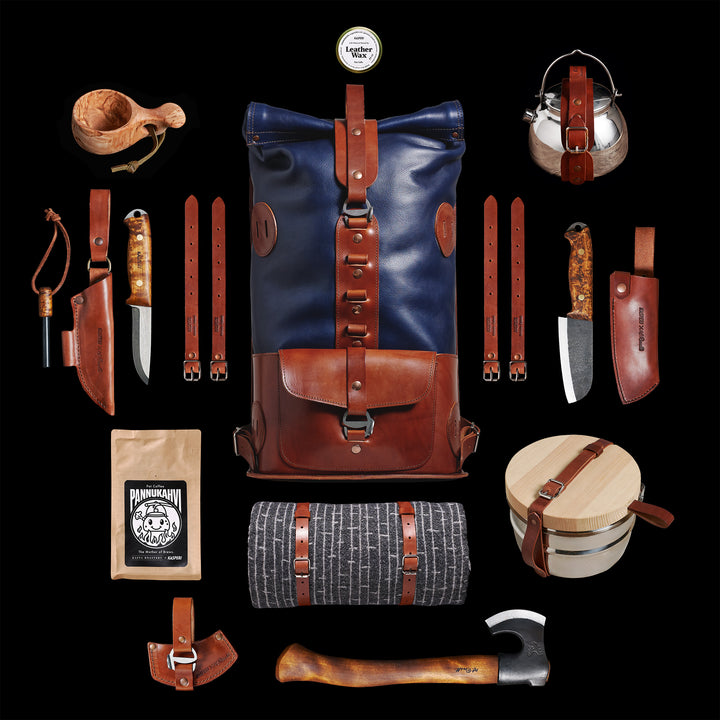 Pre-order – S.05 Fold Top – Navy & Brown Leather Backpack