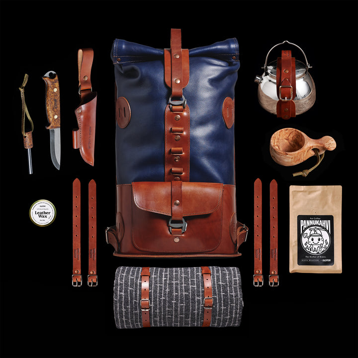 Pre-order – S.05 Fold Top – Navy & Brown Leather Backpack