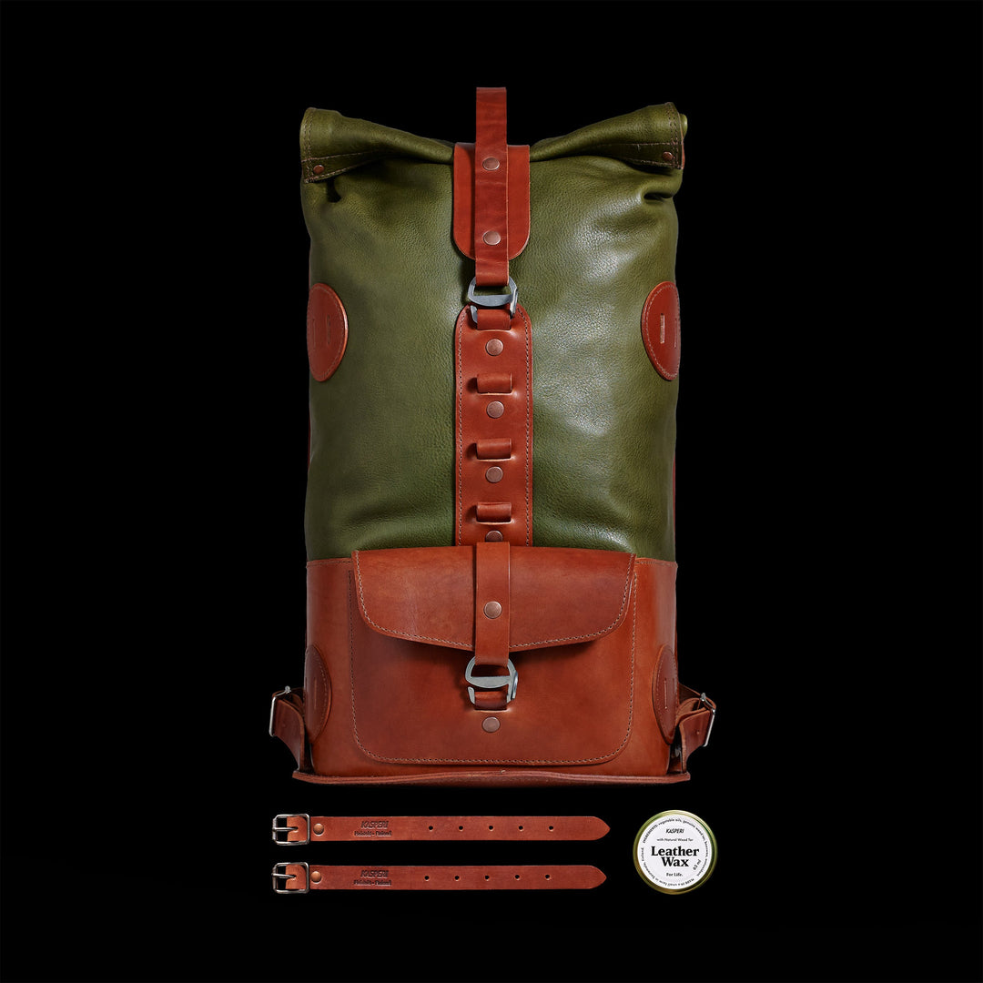 Pre-order – Fold Top Olive & Brown – Leather Backpack