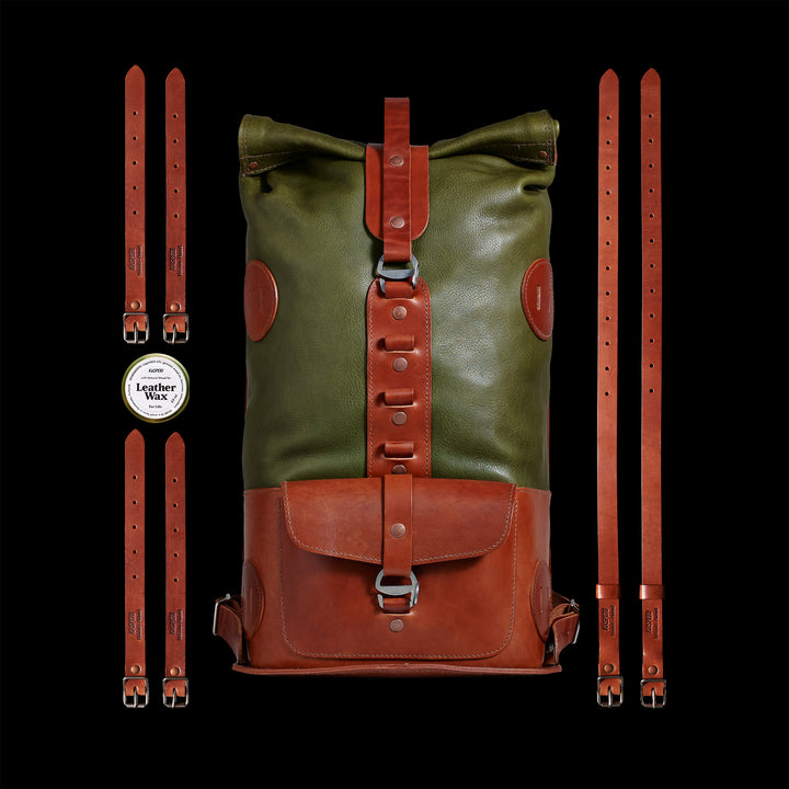 Pre-order – Fold Top Olive & Brown – Leather Backpack