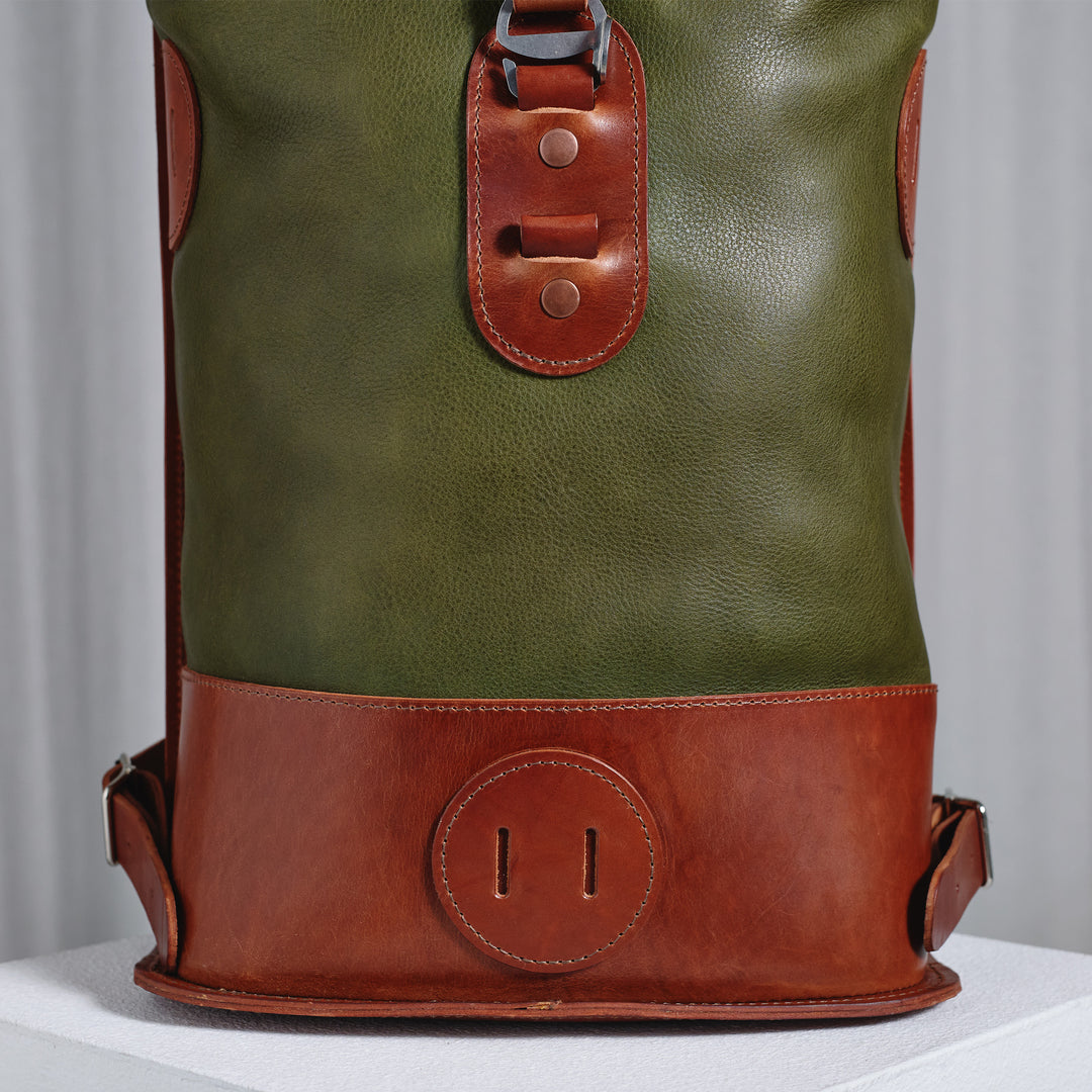 Pre-order – Small Fold Top – Leather Backpack in Olive & Brown