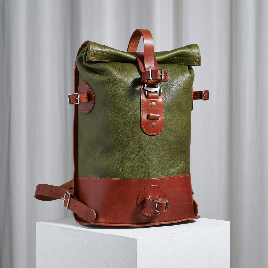 Pre-order – Small Fold Top – Leather Backpack in Olive & Brown