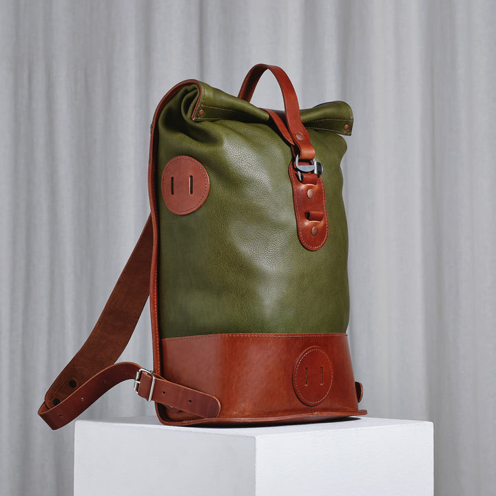 Pre-order – Small Fold Top – Leather Backpack in Olive & Brown