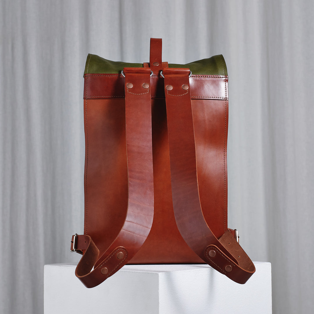 Pre-order – Small Fold Top – Leather Backpack in Olive & Brown