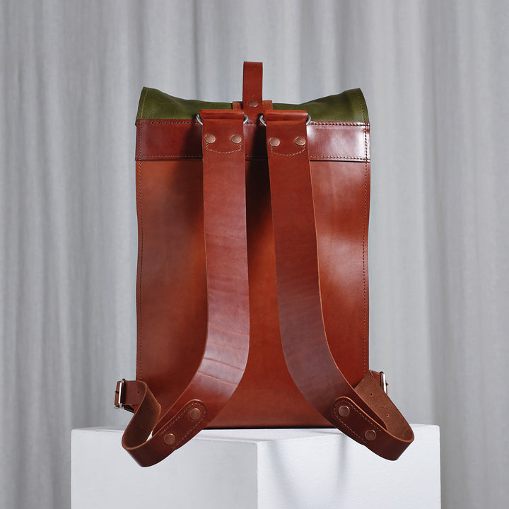 Pre-order – Small Fold Top – Leather Backpack in Olive & Brown