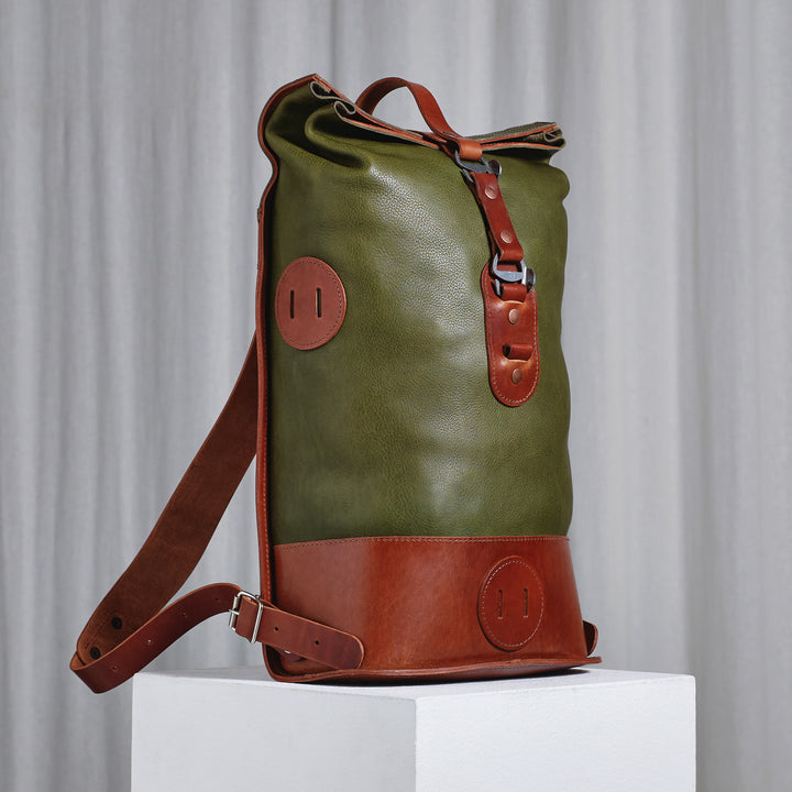 Pre-order – Small Fold Top – Leather Backpack in Olive & Brown