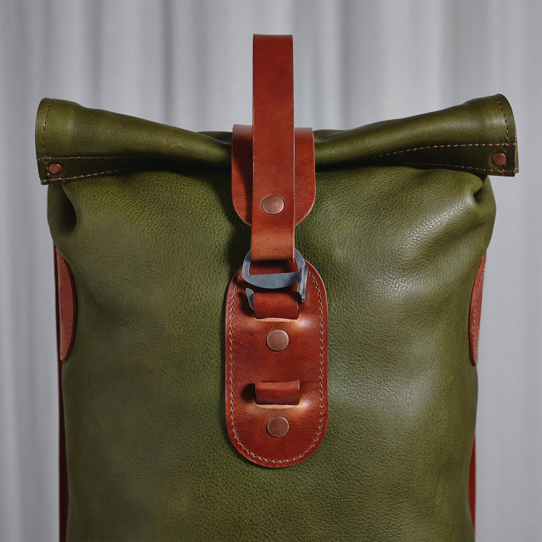 Pre-order – Small Fold Top – Leather Backpack in Olive & Brown