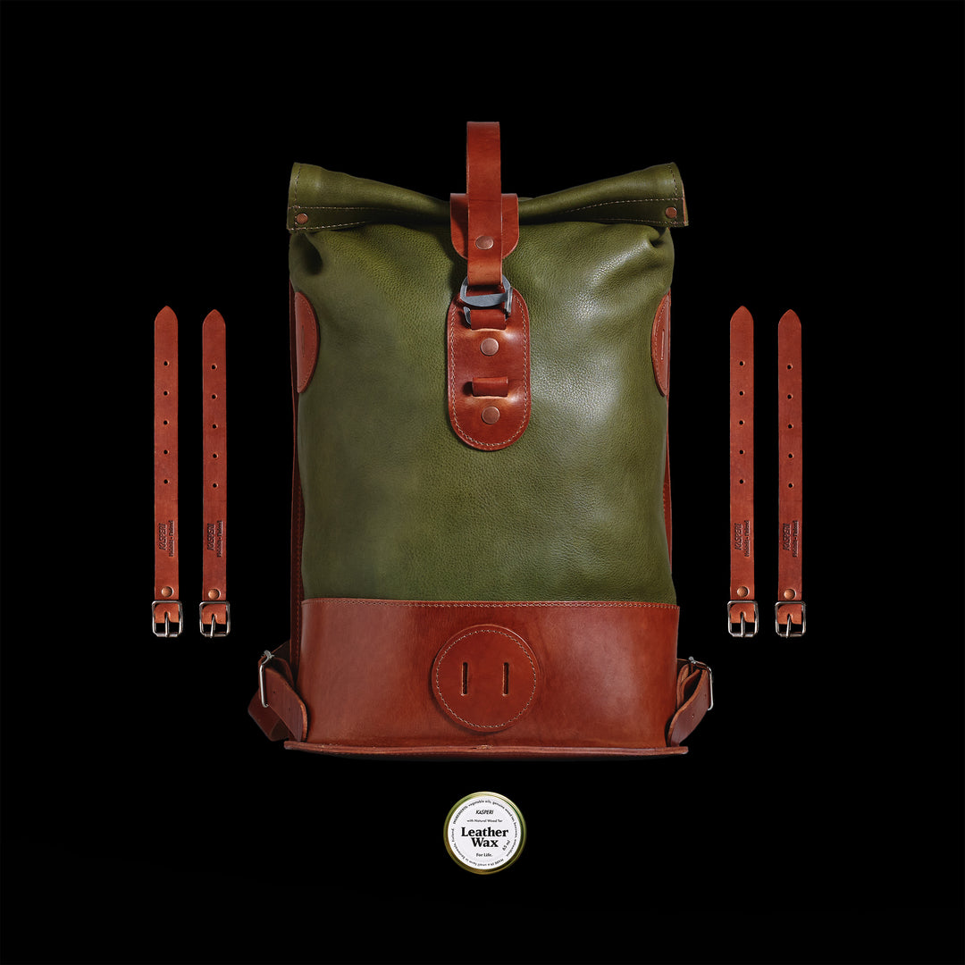 Pre-order – Small Fold Top – Leather Backpack in Olive & Brown