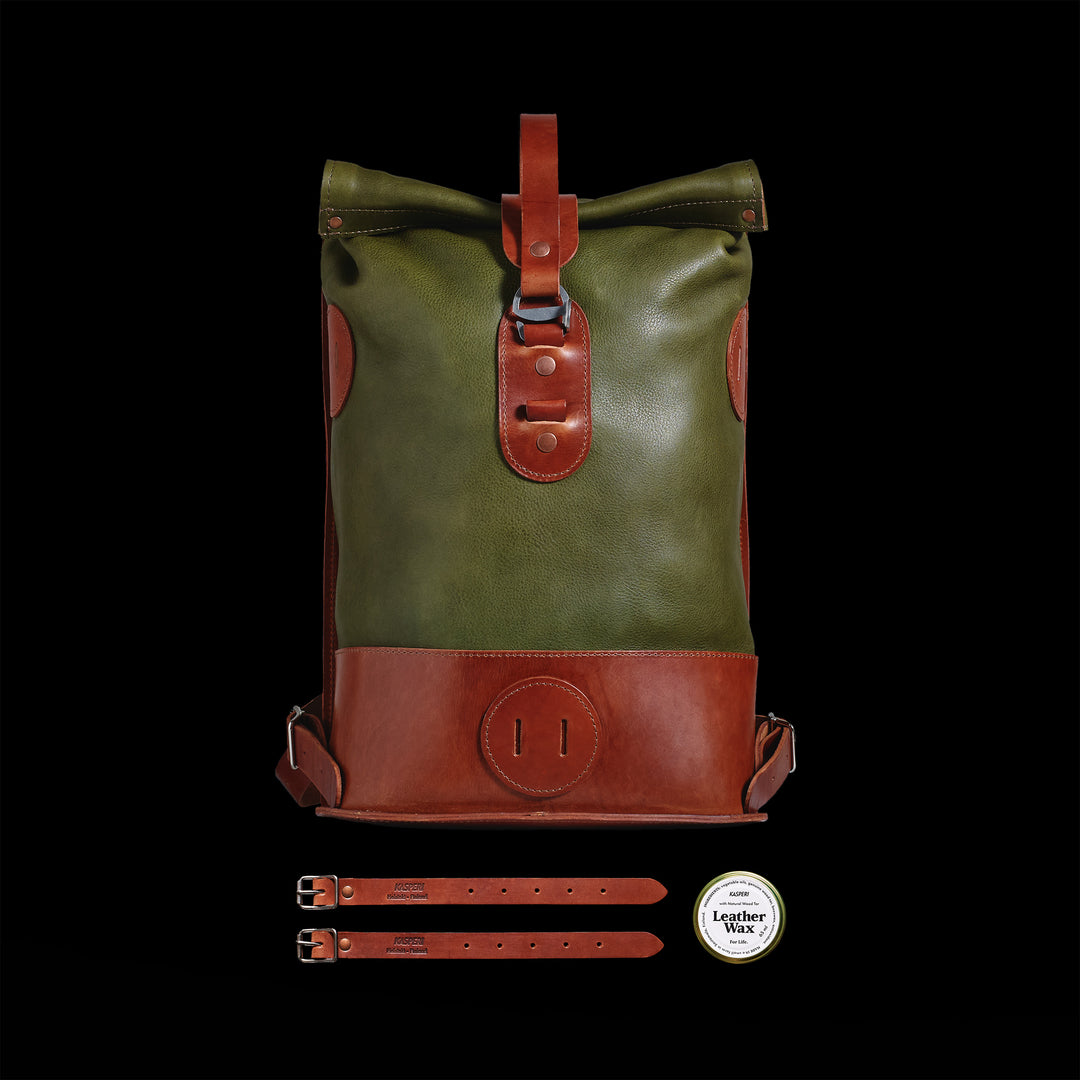 Pre-order – Small Fold Top – Leather Backpack in Olive & Brown