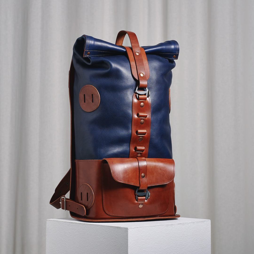 Pre-order – S.05 Fold Top – Navy & Brown Leather Backpack